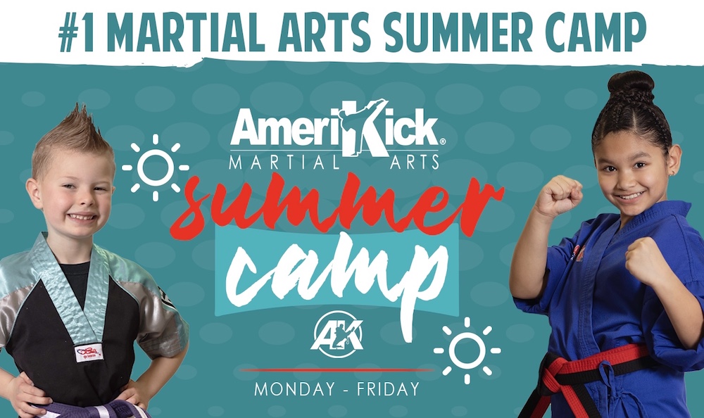 #1 Martial Arts Summer Camp featuring smiling children in martial arts uniforms, promoting AmeriKick's summer camp activities for kids, Monday to Friday.