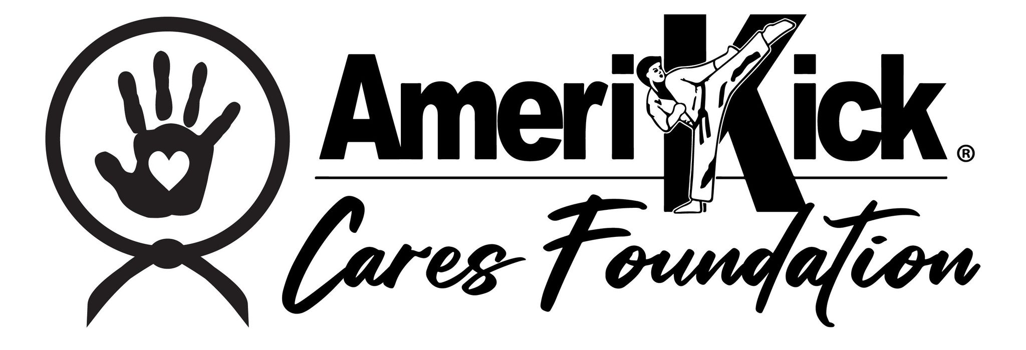 AmeriKick Cares Foundation logo featuring a hand symbol with a heart and a martial artist, promoting inclusivity in martial arts for children with special needs.