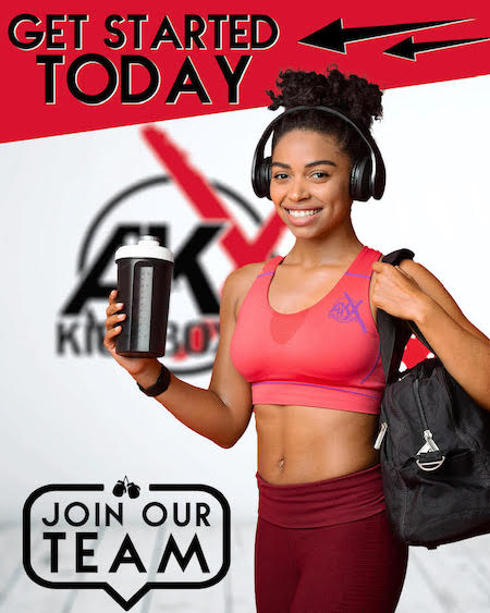 Smiling woman in a sports bra holding a water bottle and gym bag, promoting kickboxing fitness classes at AmeriKick Martial Arts, with "Get Started Today" and "Join Our Team" text.