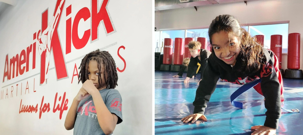 Child practicing martial arts at Amerikick, featuring a focused boy in a gray shirt with a martial arts logo, and a smiling girl doing push-ups in a black hoodie, with training mats and punching bags in the background.