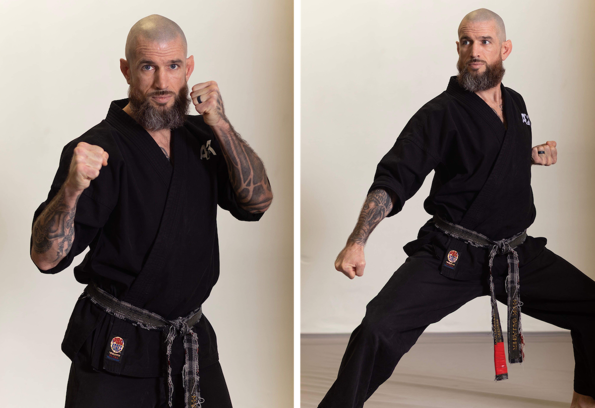 Martial artist demonstrating self-defense poses in black gi, showcasing fitness and strength for adult martial arts classes at Amerikick Martial Arts in Philadelphia.
