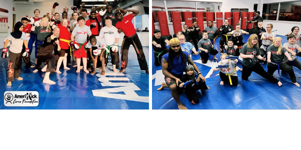 Group of diverse children and instructors participating in martial arts training at Amerikick Cares Foundation, showcasing inclusivity and physical activity for special needs youth, with branding visible on the mat.